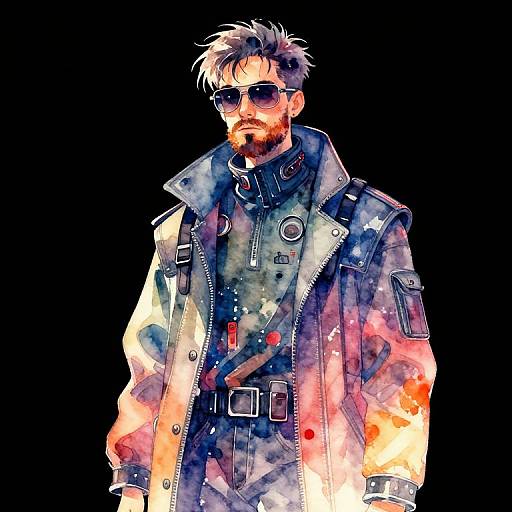 Digital illustration of a rugged, bearded man with spiky hair, wearing sunglasses, a colorful, detailed, futuristic jacket, and a black background.