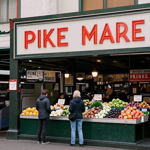 Photograph of two people in winter coats standing in front of a Pike Market fruit stand, with vibrant fruits and signs.