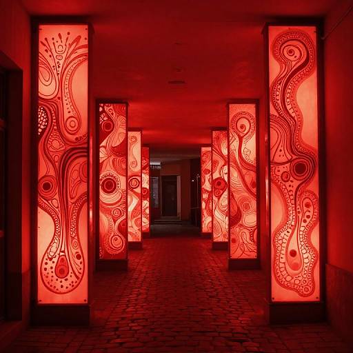 Photograph of a dimly lit hallway with vibrant red, illuminated columns featuring intricate, swirling, paisley-like patterns, casting warm light on cobble