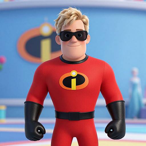 CGI image of a cute, blonde, cartoon superhero with black sunglasses, red suit, black gloves, and 
