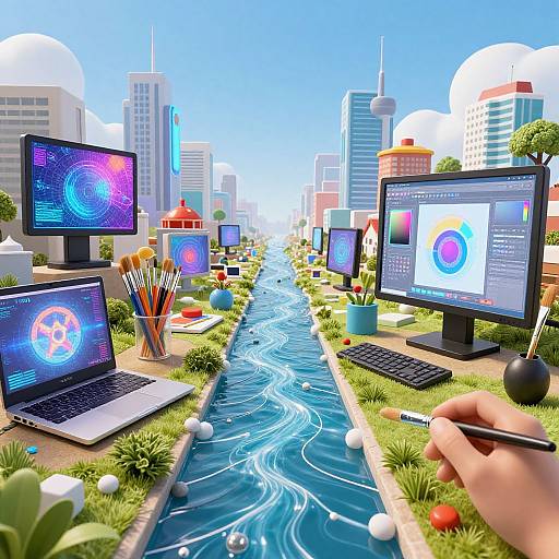 Digital illustration of a futuristic cityscape with a grassy river, multiple monitors displaying vibrant abstract designs, and a hand drawing on a screen.