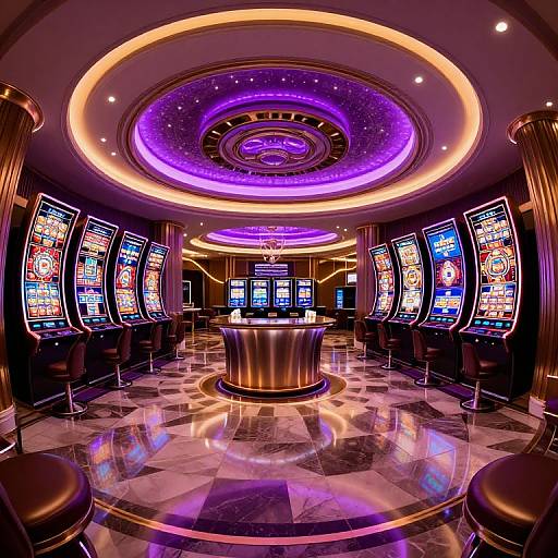 Photograph of a luxurious, neon-lit casino room with circular purple and orange ceiling lights, glossy marble floor, and rows of colorful slot machines surrounding