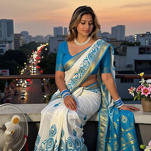 Photograph of a South Asian woman in a blue and white saree with gold patterns, pearl necklace, and bangles, seated on a balcony at
