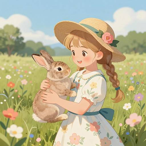 Whimsical Girl with Rabbit in Flowers