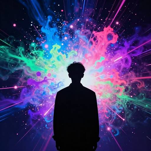Silhouetted figure stands against vibrant, colorful explosion of neon blues, pinks, greens, and purples, radiating from a bright white