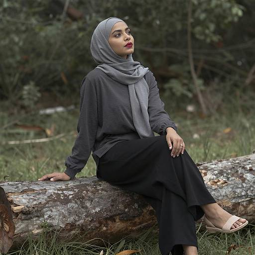 Woman in Gray Hijab on Log