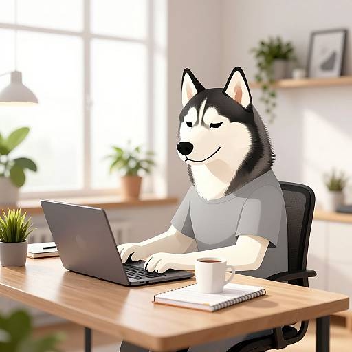 Digital illustration of a smiling anthropomorphic black and white husky wearing a grey shirt, working on a laptop at a wooden desk with a plant, notebook
