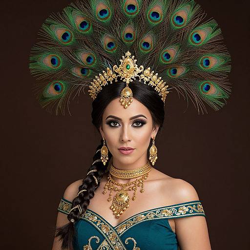 Peacock Headdress Woman in Teal Dress