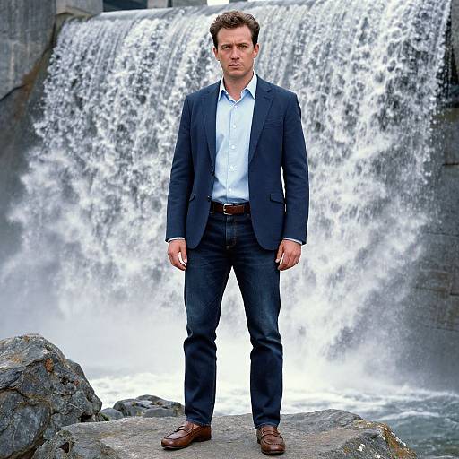 Photograph of a handsome, light-skinned man in a navy suit, white shirt, and brown shoes standing before a cascading waterfall.