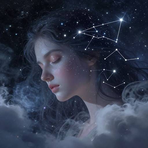 Digital artwork of a serene, fair-skinned woman with closed eyes, surrounded by clouds and stars, with a constellation on her forehead.