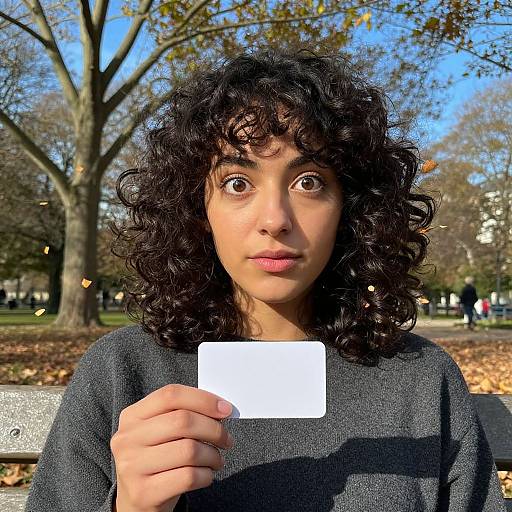 Photograph of a curly-haired, fair-skinned woman with wide brown eyes, wearing a dark sweater, holding a blank white card in a sunlit