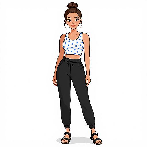 Digital illustration of a young woman with a bun, wearing a white polka dot crop top, high-waisted black pants, and black sandals,