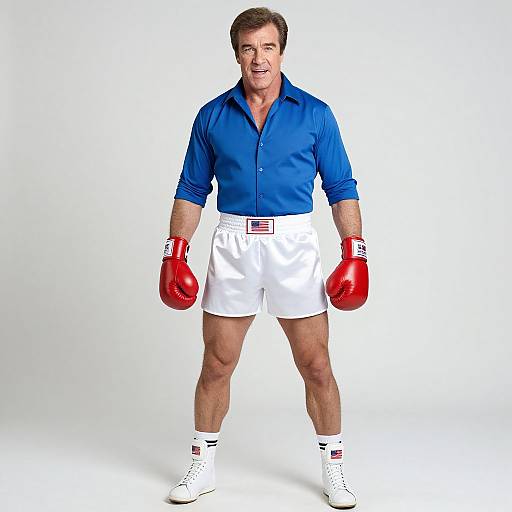 Photograph of a middle-aged man with short brown hair, blue shirt, white shorts, red boxing gloves, and white sneakers, standing confidently against a