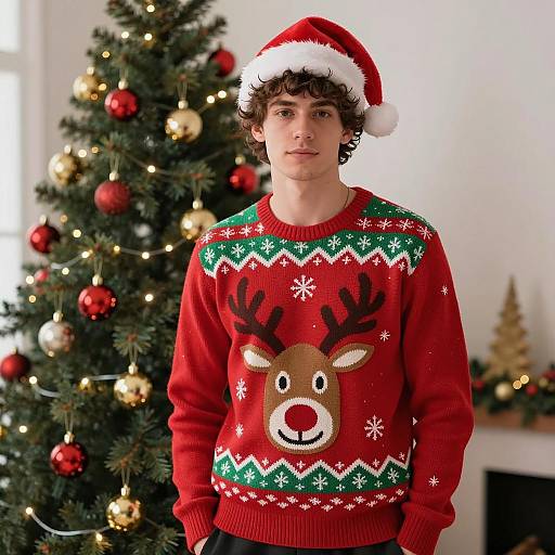 Young Man in Reindeer Christmas Sweater