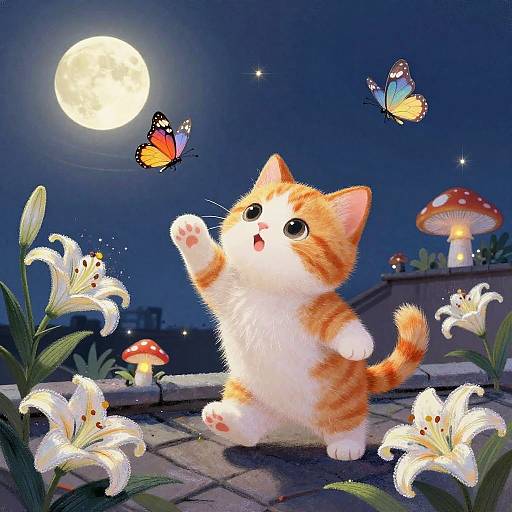 Adorable orange and white kitten with wide eyes, reaching up at moonlit night, surrounded by white lilies and glowing mushrooms, with colorful butterflies flutter