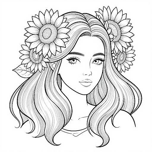 Black and white line drawing of a woman with wavy hair, wearing a sunflower crown, looking forward, detailed and elegant.