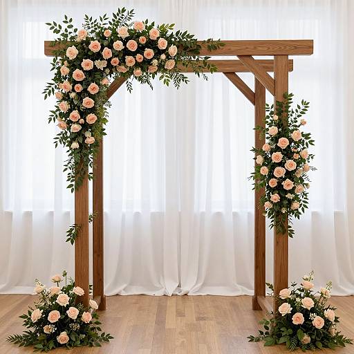 Photograph of a wooden wedding arch adorned with pink roses and green leaves, set against a white-curtained background.