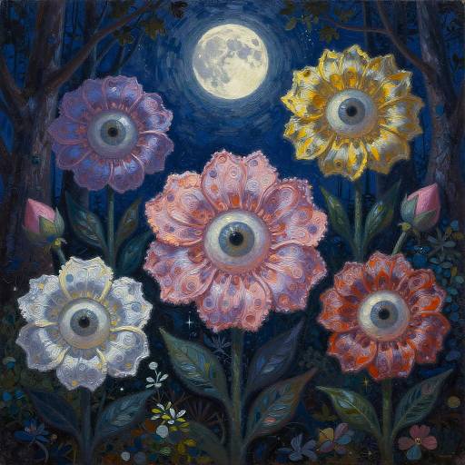 Digital painting of surreal flowers with eye centers, under a full moon in a dark, starry night forest. Vibrant colors, glowing petals, and
