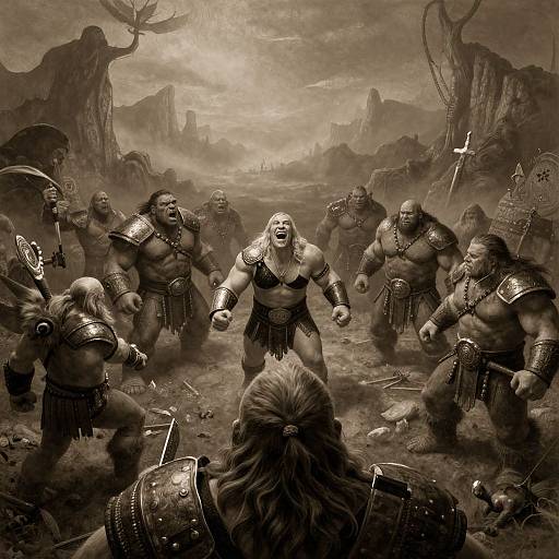 Sepia-toned digital fantasy artwork: muscular, armor-clad warriors with fierce expressions surround a screaming, bald, muscular warrior at the center in a