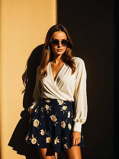 Woman in Casual Chic Floral Skirt and White Blouse