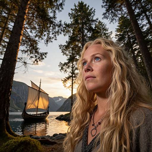 Photograph of a blonde woman with wavy hair, blue eyes, wearing a necklace, looking at a sunset over a serene lake with a sailboat