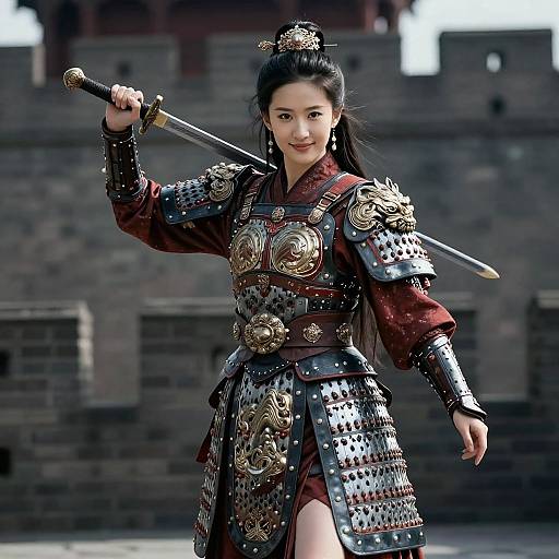 Photorealistic CGI of an Asian woman in elaborate samurai armor, holding a sword, standing confidently in front of a stone fortress.