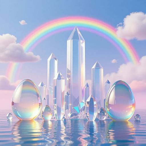 Crystal crystal cluster with two large spheres under a rainbow, reflecting on a calm blue water surface, clear sky with clouds.