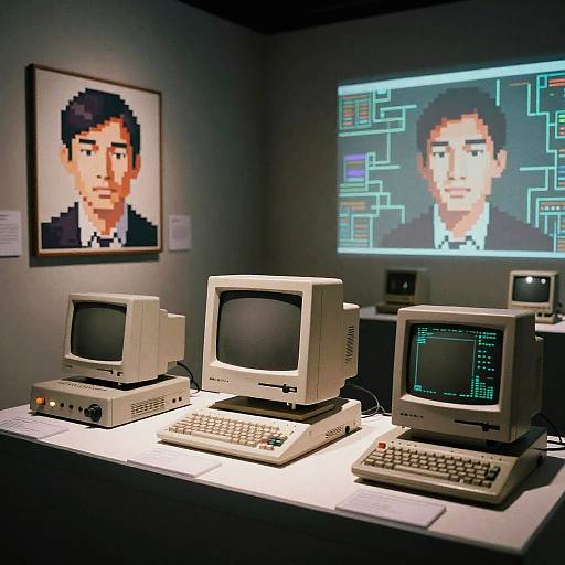 Photograph of vintage beige computers on a white table, with pixelated portraits of an Asian man on a wall and projected screen.