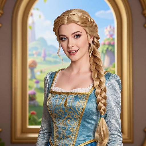 Digital CGI image of a blonde woman with a braid, wearing a blue, gold-embroidered Renaissance-style dress, smiling in a sunlit