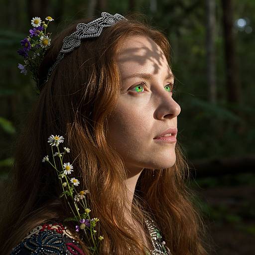 Photograph of a fair-skinned woman with green eyes, wearing a flower crown and dress, in a forest, bathed in sunlight.
