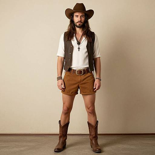Photograph of a bearded man with long hair, wearing a brown cowboy hat, white shirt, brown vest, brown shorts, and brown boots,