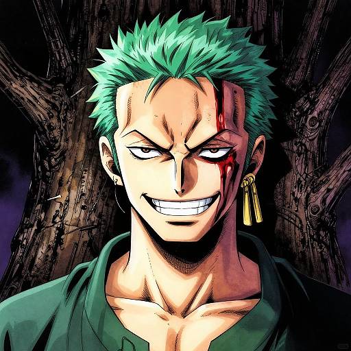 Digital anime-style portrait of a green-haired man with a blood-streaked face, grinning maniacally, wearing a green shirt and gold e