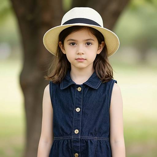 Photograph of a young girl with fair skin, brown eyes, and straight brown hair, wearing a white straw hat and sleeveless navy denim dress,