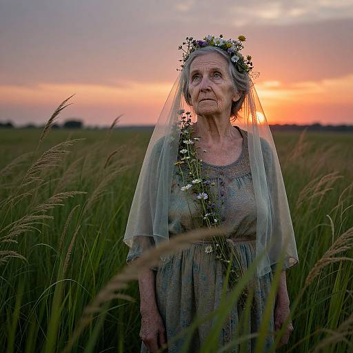 Elderly woman with floral crown and veil stands in wheat field at sunset, wearing a simple, earth-toned dress. Photograph.