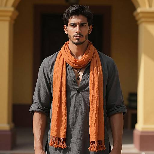 Man in Ethnic-Inspired Yoga Wear with Orange Scarf