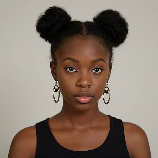 Photograph of a young Black woman with dark skin, wearing a black tank top and large hoop earrings, with two high puffy buns and a
