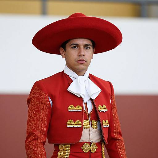 Photograph of a young male matador in a red embroidered jacket, white shirt, red wide-brimmed hat, and gold decorative buttons, standing