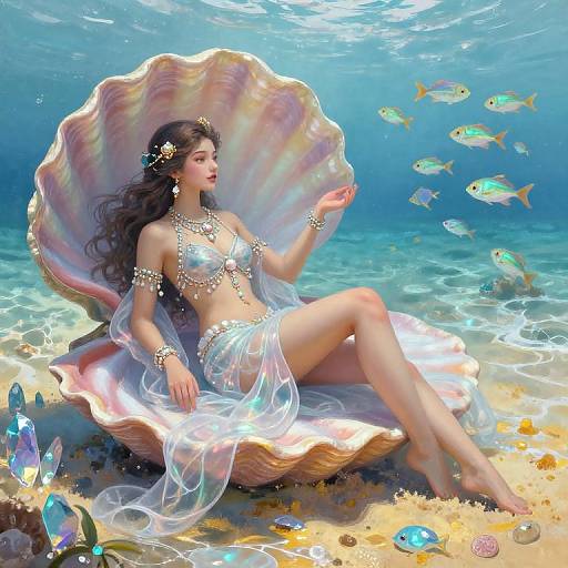 Digital fantasy artwork of a beautiful mermaid with long black hair, wearing a pearl bikini and jewels, sitting in a giant shell under the ocean, surrounded