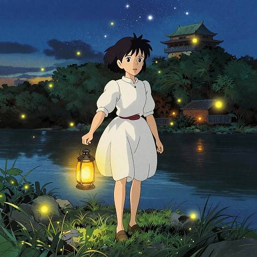 Anime-style drawing: Young girl in white dress holding lantern, surrounded by fireflies, night sky, and traditional Japanese building by river.