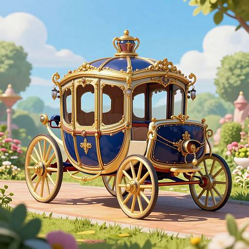 Glamorous, golden-accented royal carriage with blue panels, ornate details, and large spoked wheels, parked on a sunny garden path
