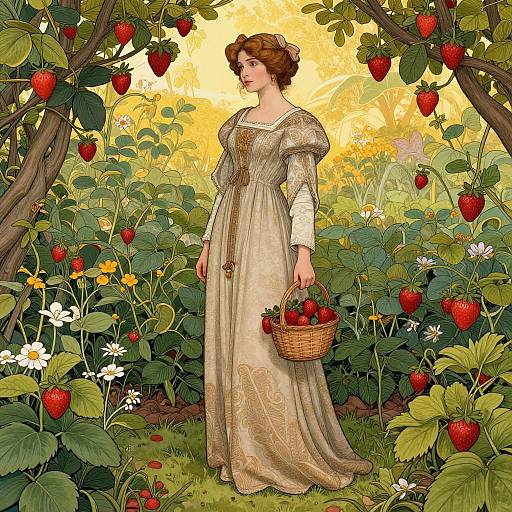 Illustration of a Victorian woman in a beige gown, holding a basket of strawberries, standing in a lush strawberry field at sunset.