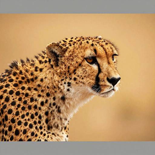 Close-up photograph of a focused cheetah with golden fur and black spots, against a blurred warm beige background, highlighting its intense gaze and sleek,