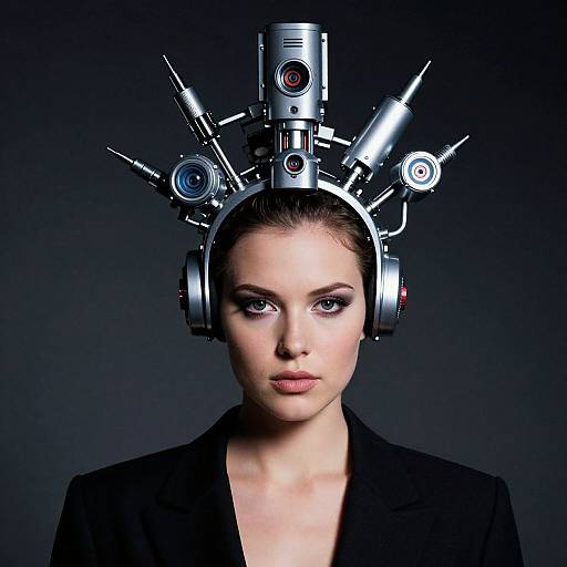 Photograph of a pale-skinned woman with blue eyes, wearing a black blazer, and a futuristic metallic headset with robotic components on her head,