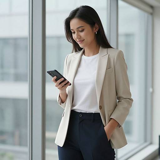 Photograph of a smiling young Asian woman with long black hair, wearing a white blouse and beige blazer, standing in a bright office with large windows