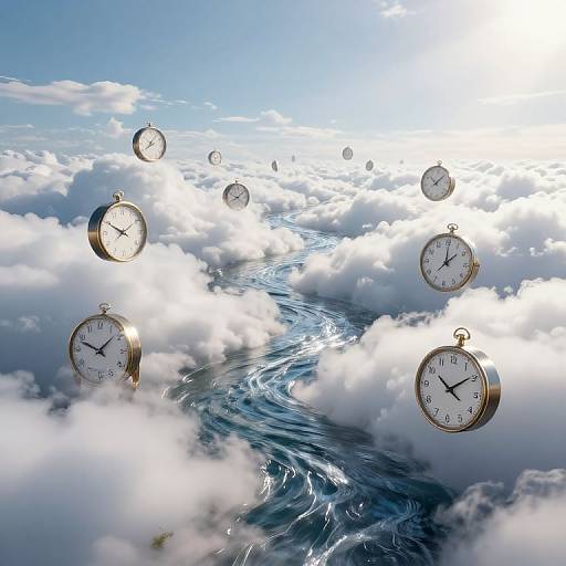 Photograph-like digital art: Clocks floating above a swirling ocean path through fluffy clouds, under a bright blue sky. Timeless, surreal scene.