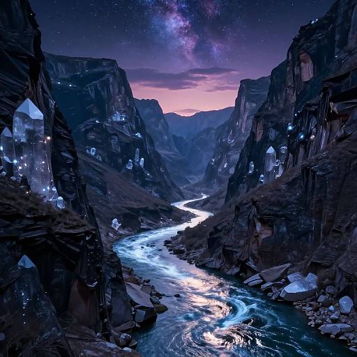 Fantastical digital art of a glowing, crystal-lined canyon at night, with a luminous river winding through, under a starry, Milky Way