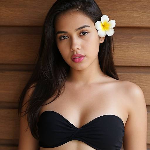 Photograph of a young Asian woman with long dark hair, wearing a black strapless top, and a white plumeria flower in her hair,