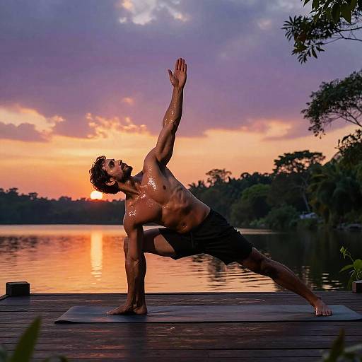 Photograph of a muscular, shirtless man with curly hair, performing a yoga pose on a wooden dock at sunset, with a vibrant orange and purple