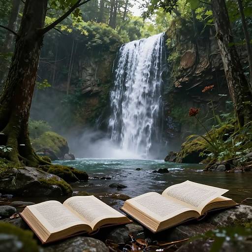 Mystical Waterfall Forest with Books