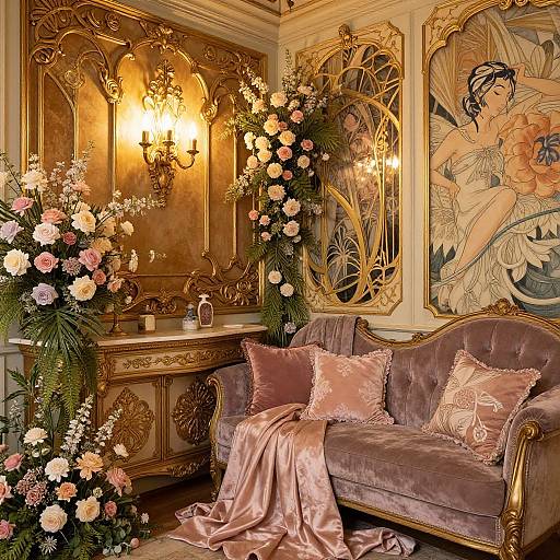Luxurious vintage room with ornate gold decor, purple velvet sofa, pink satin blanket, floral arrangements, and Art Nouveau wall art.